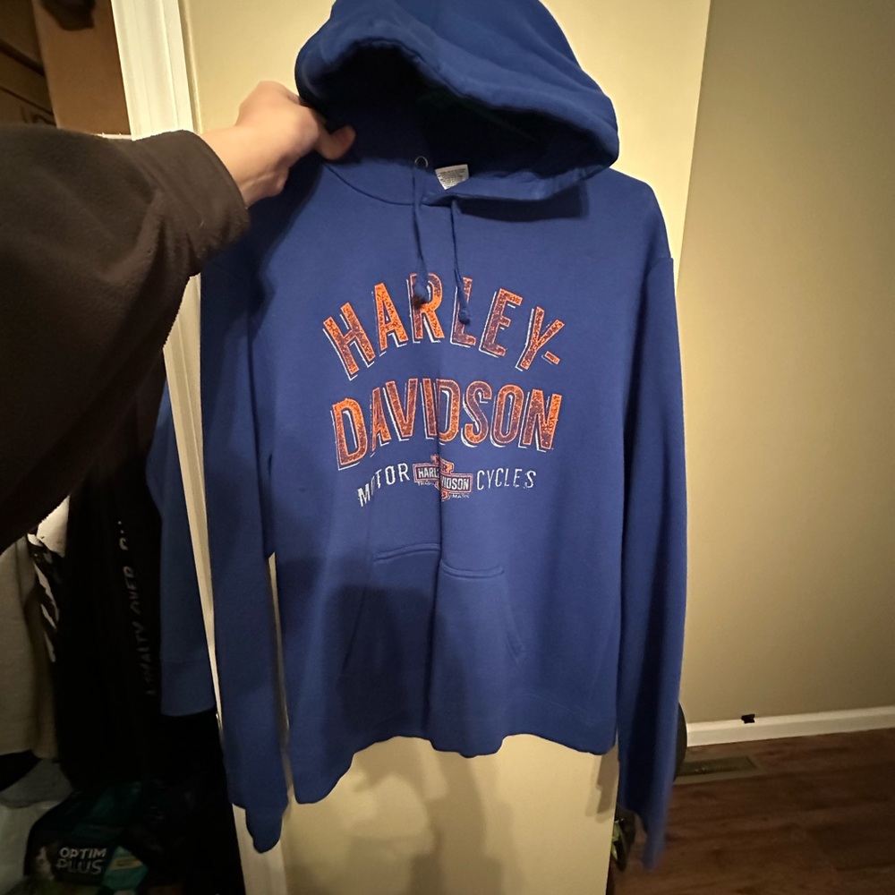 Harley-Davidson Uncle Sam Troy, NY Royal Blue Sweatshirt with Orange Accents
